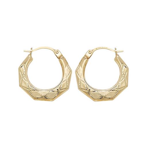 9ct Gold Engraved Hoop Earrings 17mm Embossed Creoles Octagonal Shape