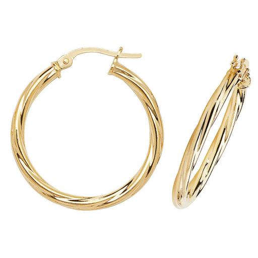 375 9ct Gold 25x2mm Round Cable Twisted Tube Hoop Earrings Gift Box