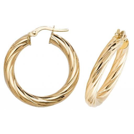 375 9CT GOLD 25X4MM ROUND CABLE TWISTED TUBE HOOP EARRINGS GIFT BOX