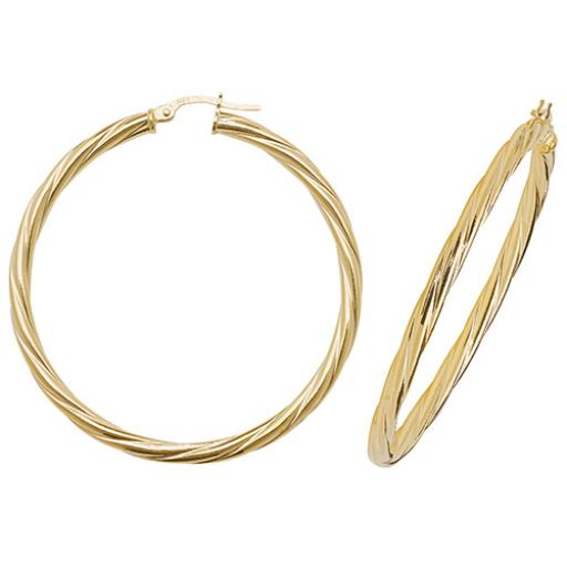 375 9CT GOLD 45X3MM ROUND CABLE TWISTED TUBE HOOP EARRINGS GIFT BOX