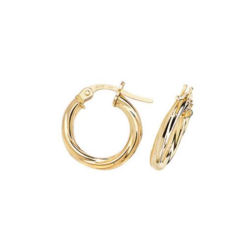 375 9ct Gold 15x2mm Round Cable Twisted Tube Hoop Earrings