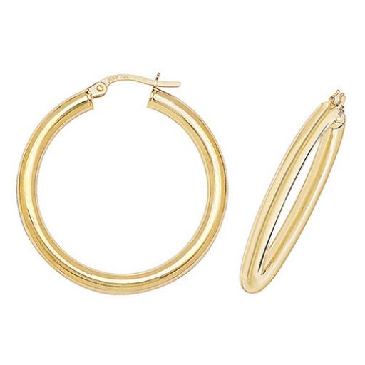375 9CT GOLD 30X3MM ROUND POLISHED TUBE HOOP EARRINGS GIFT BOX