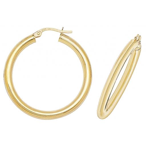 375 9ct Gold 30x2mm Round Polished Tube Hoop Earrings Gift Box