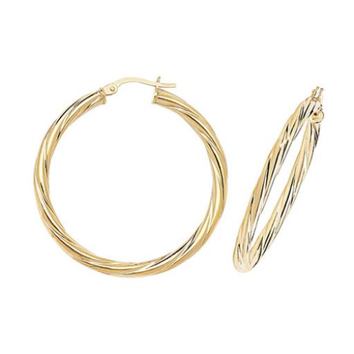 375 9CT GOLD 35X3MM ROUND CABLE TWISTED TUBE HOOP EARRINGS GIFT BOX