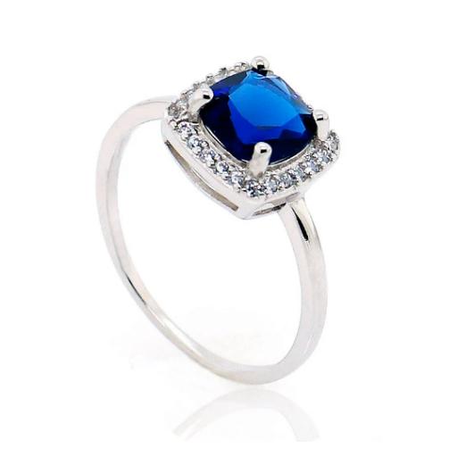 Sterling Silver Ladies 10x10mm Blue Sapphire Cushion Ring