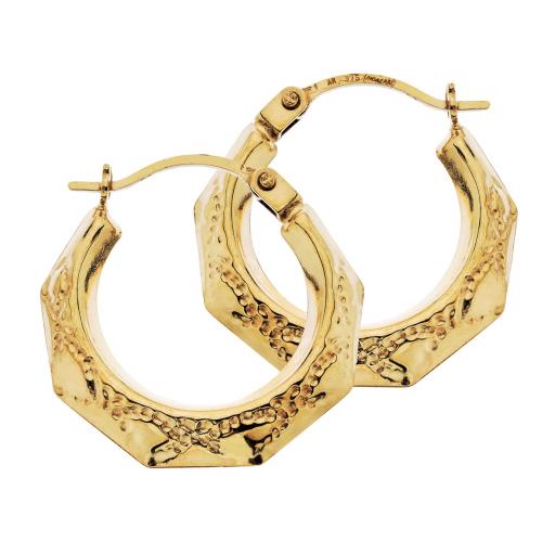 9ct Gold Engraved Hoop Earrings 17mm Embossed Creoles Octagonal Shape