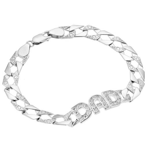 925 STERLING SILVER 8.5" CUBIC ZIRCONIA DAD IDENTITY PLAIN ENGRAVED BRACELET GIFT BOX