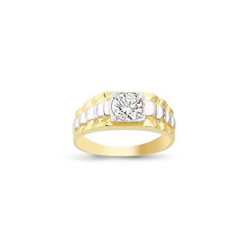9CT GOLD 2 COLOUR GENTS CUBIC ZIRCONIA SINGLE CZ GYPSY SIGNET RING GIFT BOX