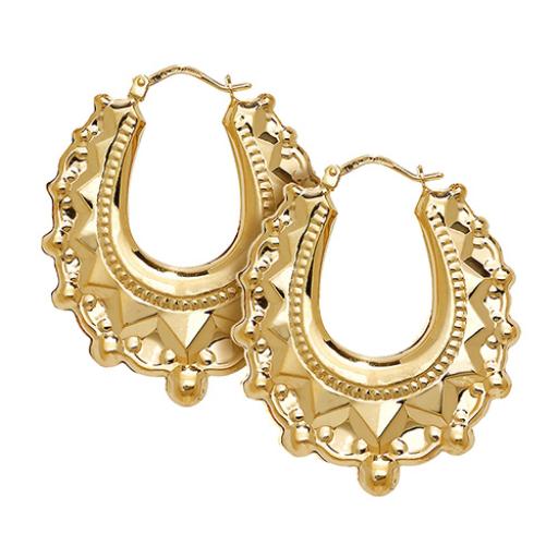 Yellow Gold Plated Sterling Silver Victorian Spike Creole 30x24mm Oval Gypsy Hoop Earrings Gift Box