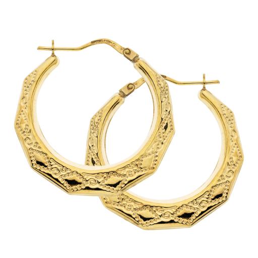 9ct Gold Engraved Hoop 29mm Embossed Multi Face Creoles Octagonal Earrings Gift Box