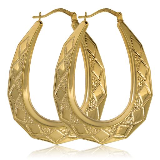 9CT Gold Hoop Earrings 40x30mm Oval Engraved U Shape Diamond Pattern Gypsy Victorian Creoles Gift Box