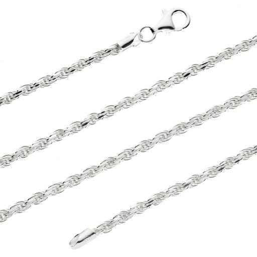 Sterling Silver 3mm Rope Chain Solid Diamond Cut Italian Rope Chain Gift Box